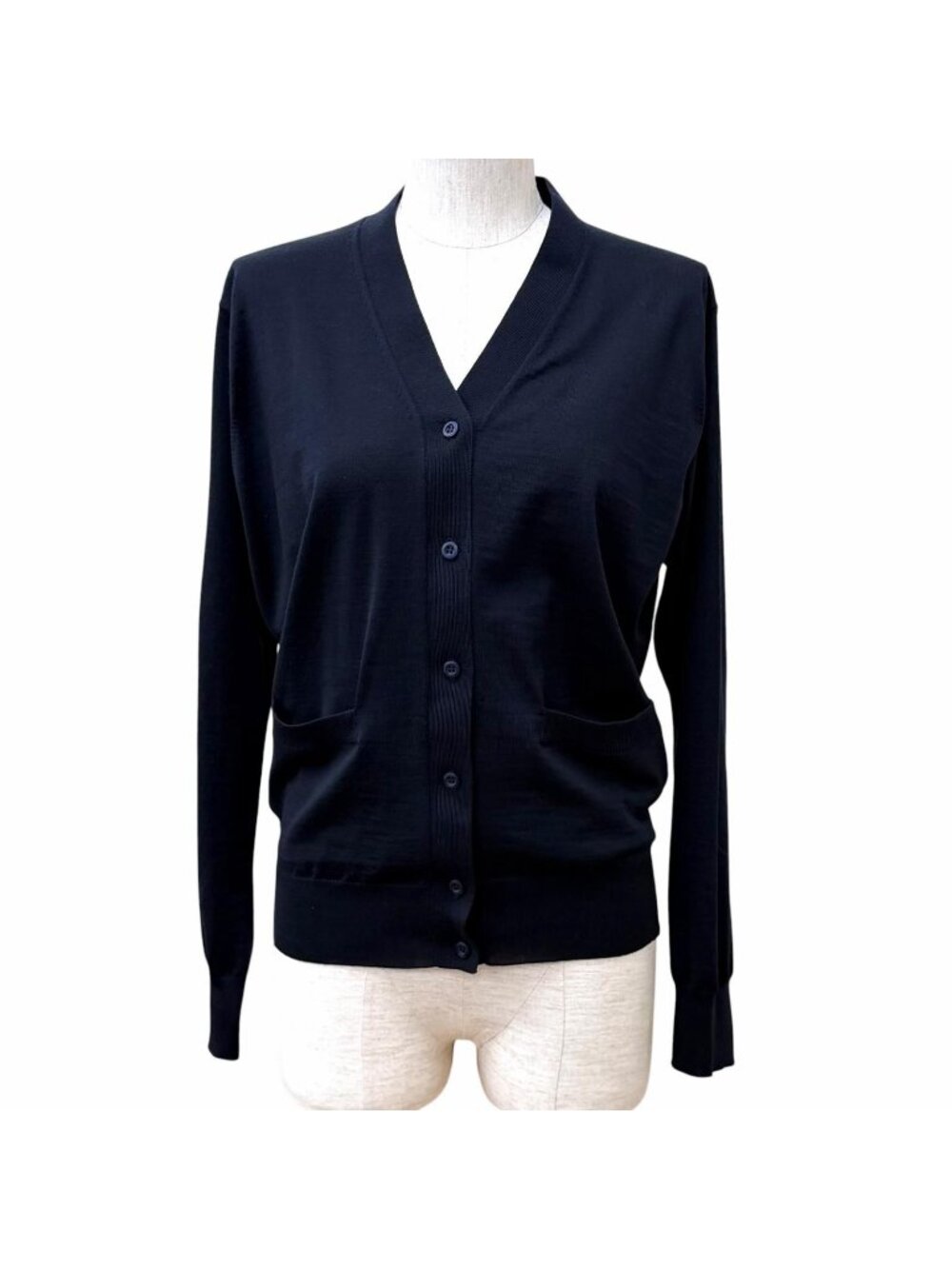 Prada 100% Virgin Wool Neck Long Sleeve Knit Cardigan Navy 36
